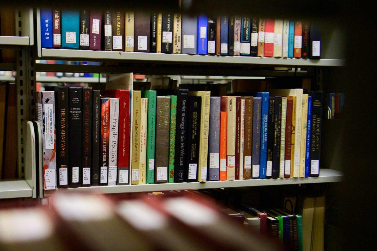 <p>Books fill the shelves on Tuesday, March 5, 2024, in the LSU Library in Baton Rouge, La.</p>