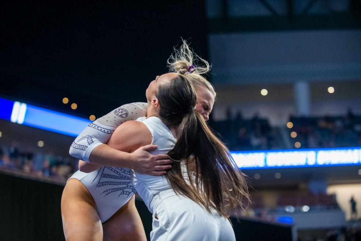 LSU gymnastics graduate student balance beam Sierra Ballard hugs assistant coach Ashleigh Gnat after her routine during the NCAA Gymnastics Championship on Saturday, April 20, 2024, in Fort Worth, Tx.