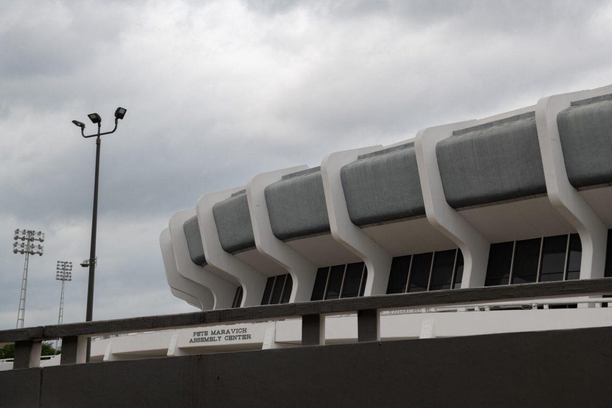 Clouds hang over the Pete Maravich Assembly Center Tuesday, April 9, 2024, on LSU's campus in Baton Rouge, La.