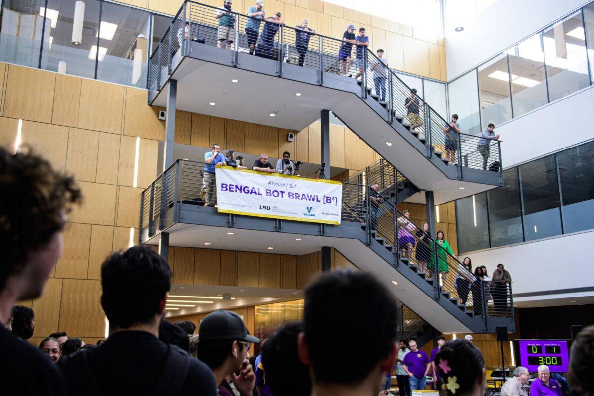 A banner for the Bengal Bot Brawl hangs from the stairs on Tuesday, April 16, 2024, in Patrick F. Taylor Hall in Baton Rouge, La.