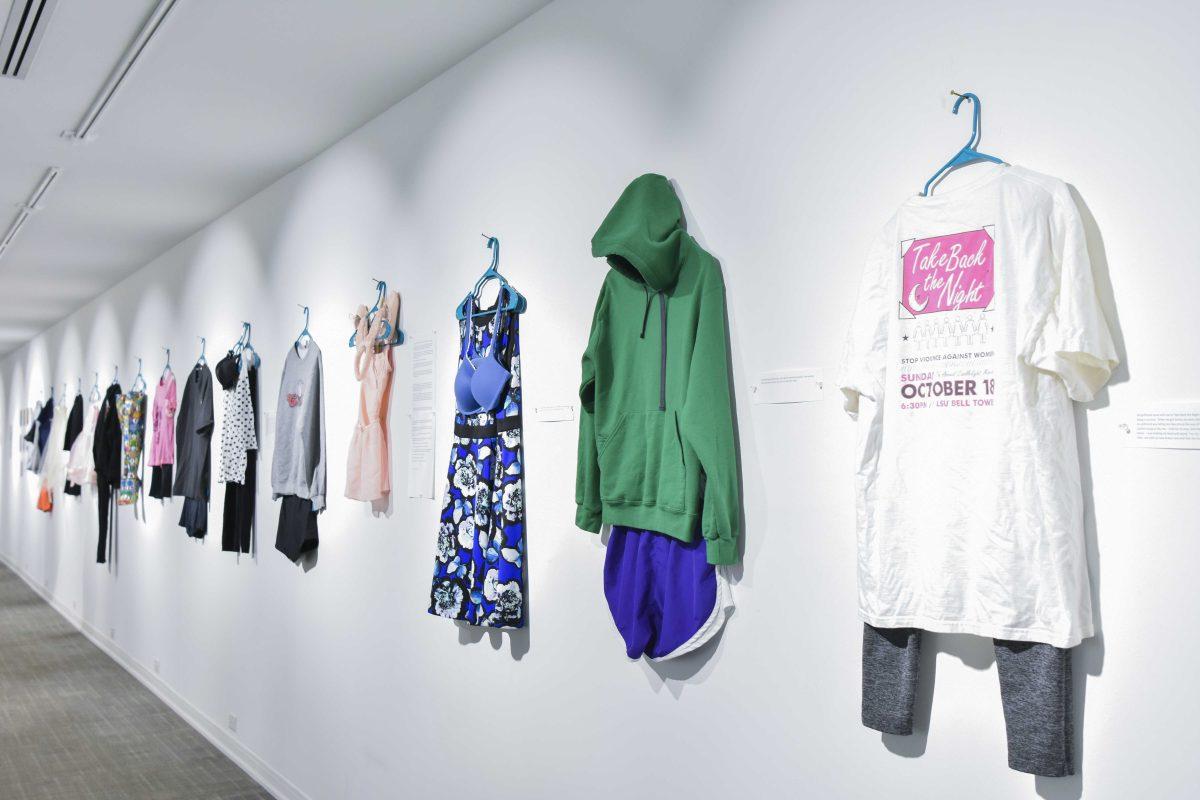 A display of items worn by sexual assault survivors is displayed Wednesday, April 6, 2022, in the Art Gallery of the LSU Student Union in Baton Rouge, Louisiana.