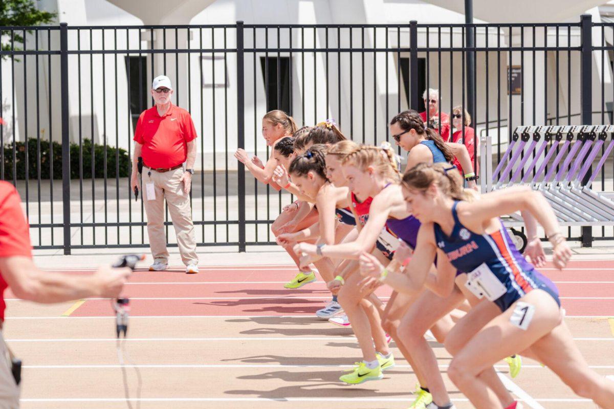 The women runners line up for the 1500 meter Saturday, April 27, 2024, at the LSU Invitational in the Bernie Moore Track Stadium in Baton Rouge, La.