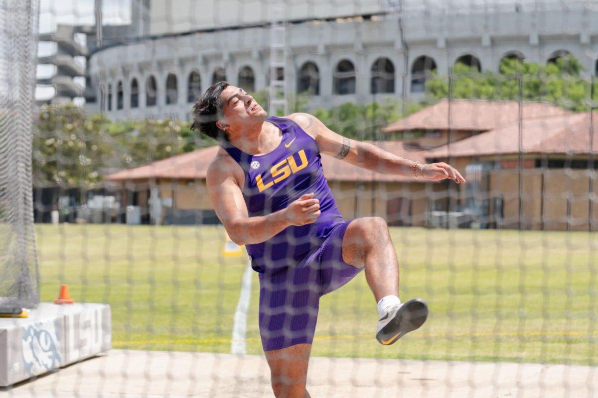 LSU track and field 5th-year senior Claudio Romero competes in discus Saturday, April 27, 2024, at the LSU Invitational in the Bernie Moore Track Stadium in Baton Rouge, La.