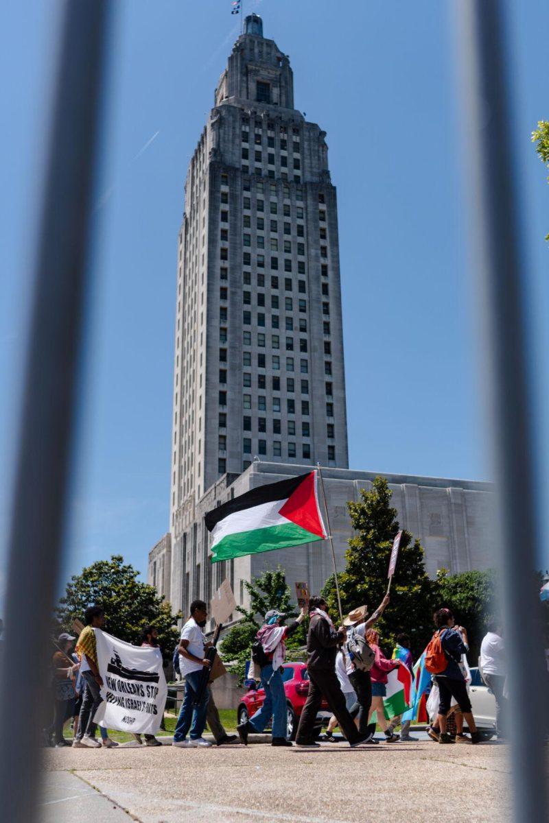 A Palestinian flag flies Monday, April 22, 2024, at the Louisiana State Capitol in Baton Rouge, La.