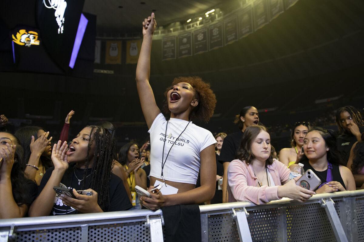 An LSU student cheers Thursday, April 25, 2024, during LSU Student Government&#8217;s annual Groovin&#8217; concert at the Pete Maravich Assembly Center in Baton Rouge, La.