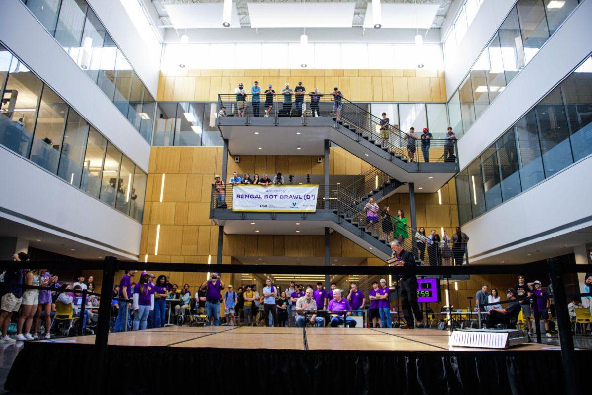 Spectators fill the stairs on Tuesday, April 16, 2024,&#160;at the Bengal Bot Brawl in Patrick F. Taylor Hall in Baton Rouge, La.