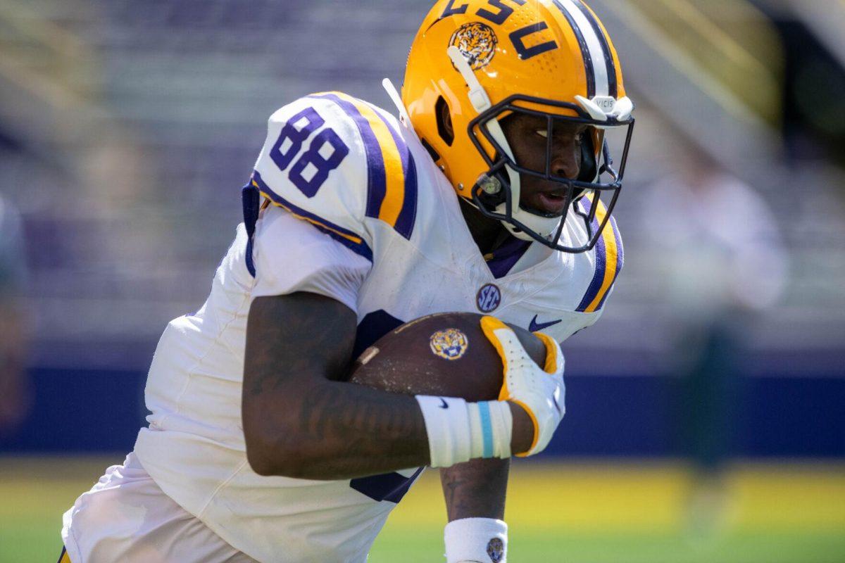 LSU football sophomore tight end Ka'Morreun Pimpton (88) runs the ball during the LSU Spring Football game on Saturday, April 13, 2024, in Tiger Stadium.