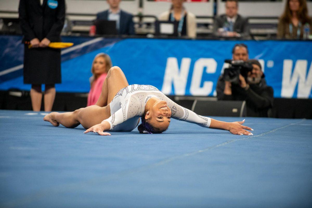 LSU gymnastics freshman all-around Konnor McClain finishes her routine with a smile during the NCAA Gymnastics Championship on Saturday, April 20, 2024, in Fort Worth, Tx.