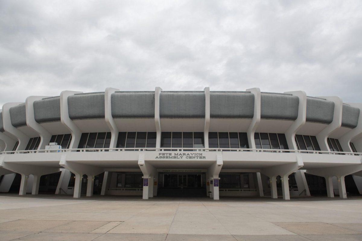 The Pete Maravich Assembly Center stretches across the plaza Tuesday, April 9, 2024, on LSU's campus in Baton Rouge, La.