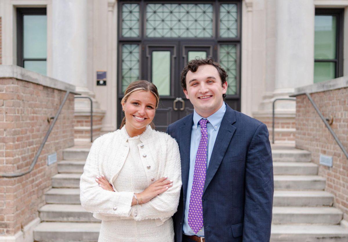 Amelia Carman and Joseph Liberto stand for a photo after swearing in Wednesday, April 17, 2024, at the Journalism Building on LSU's campus in Baton Rouge, La.