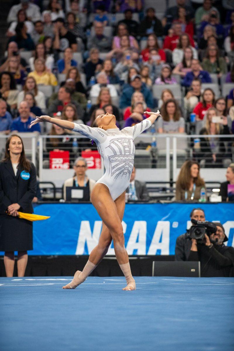 LSU gymnastics all-around Haleigh Bryant throws her arms out and up during her routine during the NCAA Gymnastics Championship on Saturday, April 20, 2024, in Fort Worth, Tx.