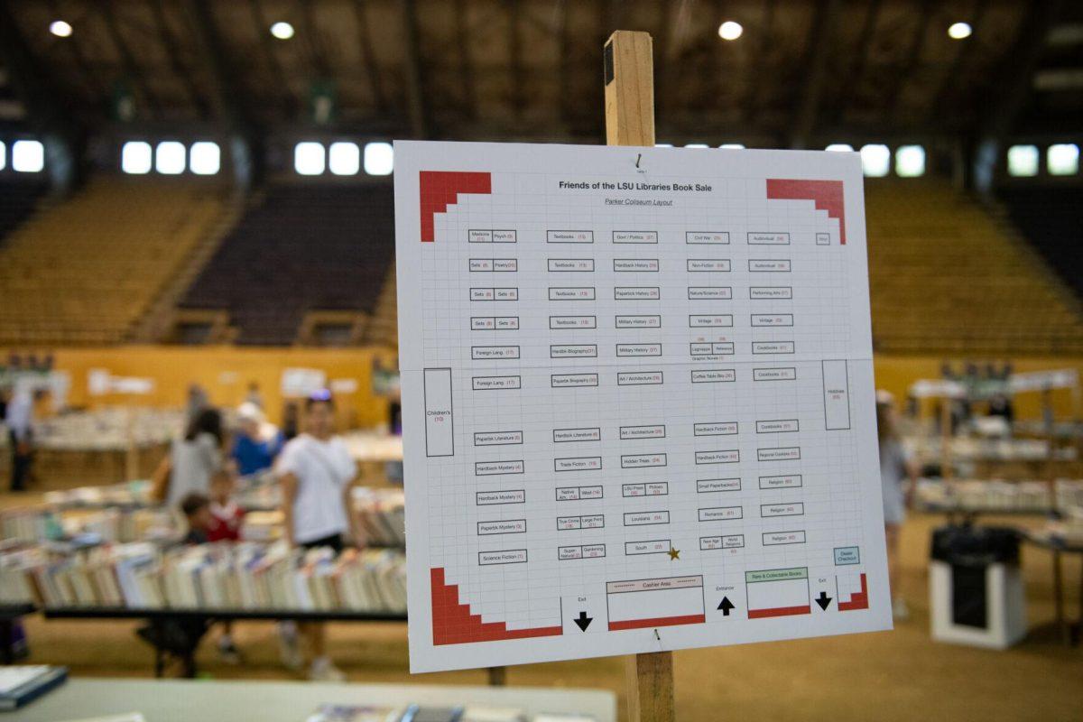 A map shows the layout of the event Sunday, April 14, 2024, during the Friends of the LSU Libraries Book Bazaar at the John M. Parker Agricultural Coliseum in Baton Rouge, La.