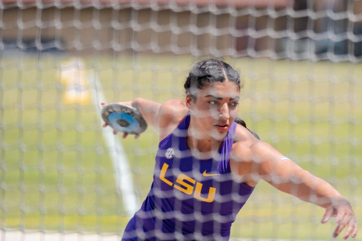 LSU track and field throws junior Estel Valeanu warms up for discus Saturday, April 27, 2024, at the LSU Invitational in the Bernie Moore Track Stadium in Baton Rouge, La.