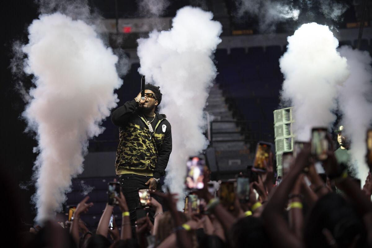 BossMan Dlow raps Thursday, April 25, 2024, during LSU Student Government&#8217;s annual Groovin&#8217; concert at the Pete Maravich Assembly Center in Baton Rouge, La.