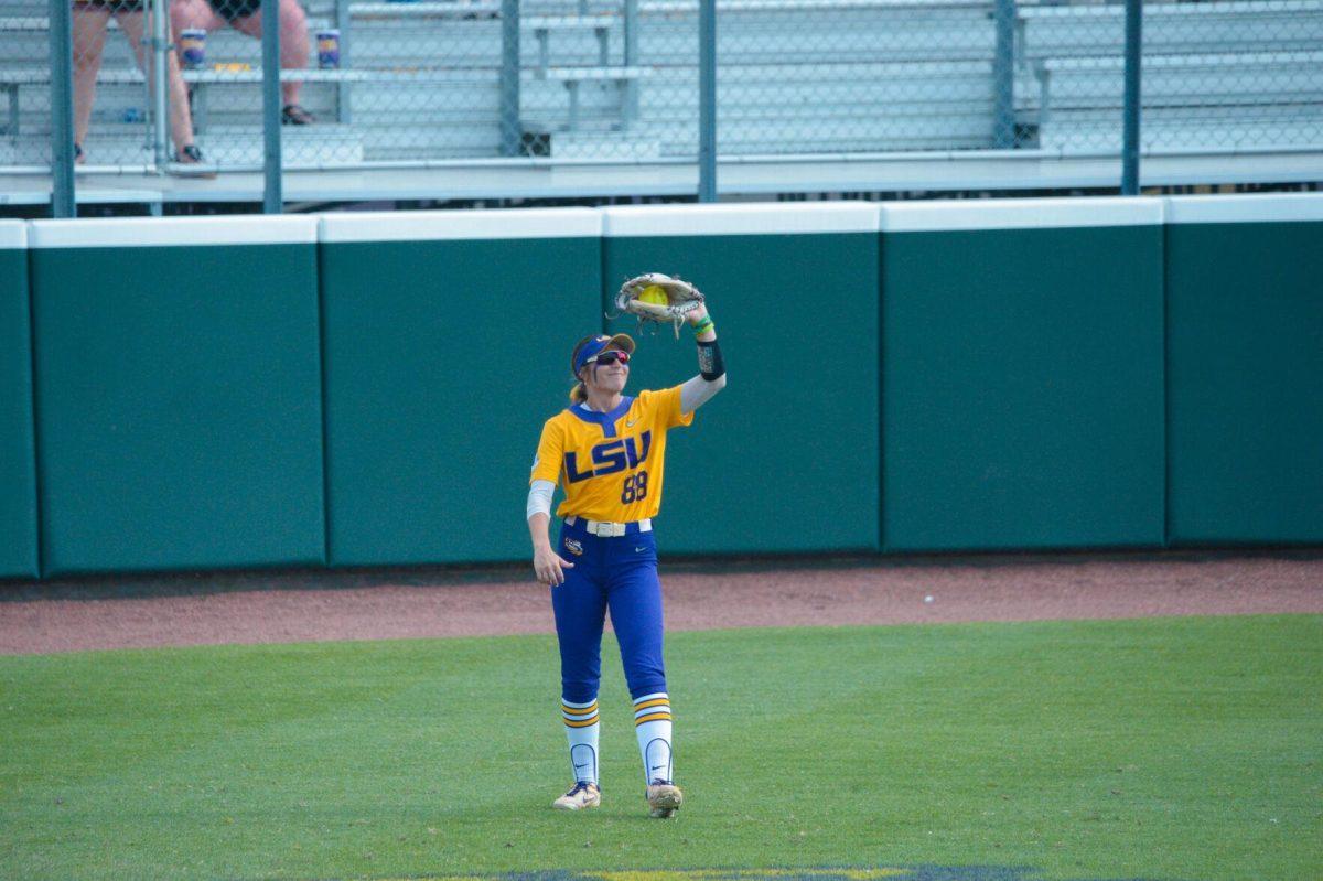 LSU softball graduate student outfielder Ciara Briggs (88) catches the ball on Sunday, May 19, 2024,during LSU's&#160;9-0 win against Southern Illinois in the&#160;NCAA Regional Championship game at Tiger Park in Baton Rouge, La.