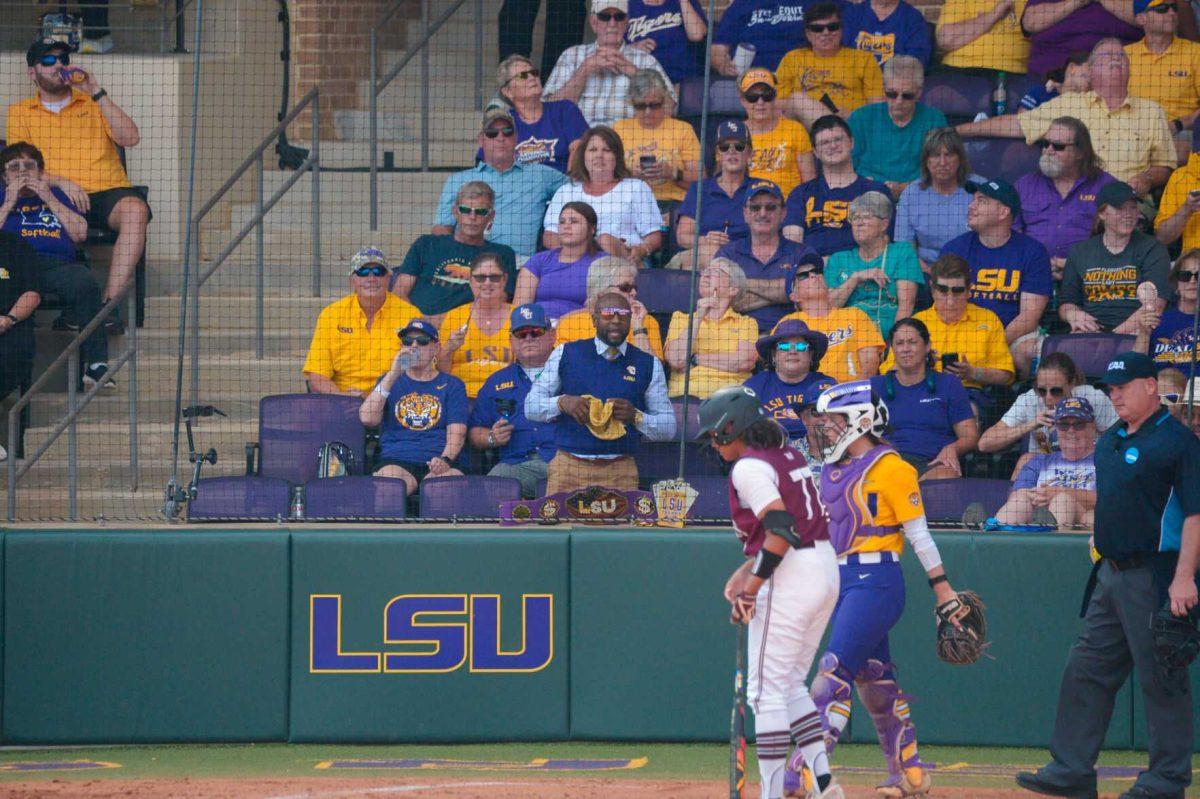 LSU fan celebrates on Sunday, May 19, 2024,&#160;during LSU's&#160;9-0 win against Southern Illinois in the&#160;NCAA Regional Championship game at Tiger Park in Baton Rouge, La.