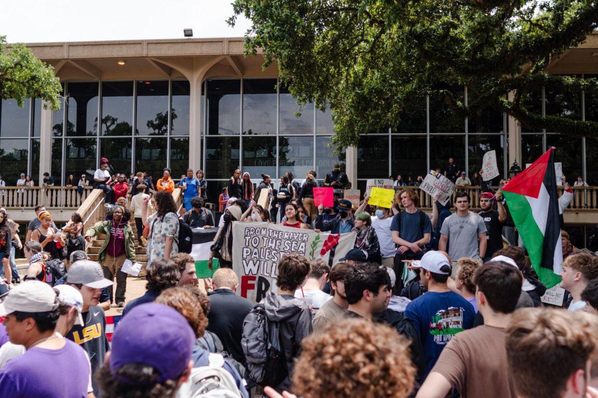 The two protests face toward each other Friday, May 3, 2024, near the Student Union on LSU's campus in Baton Rouge, La.