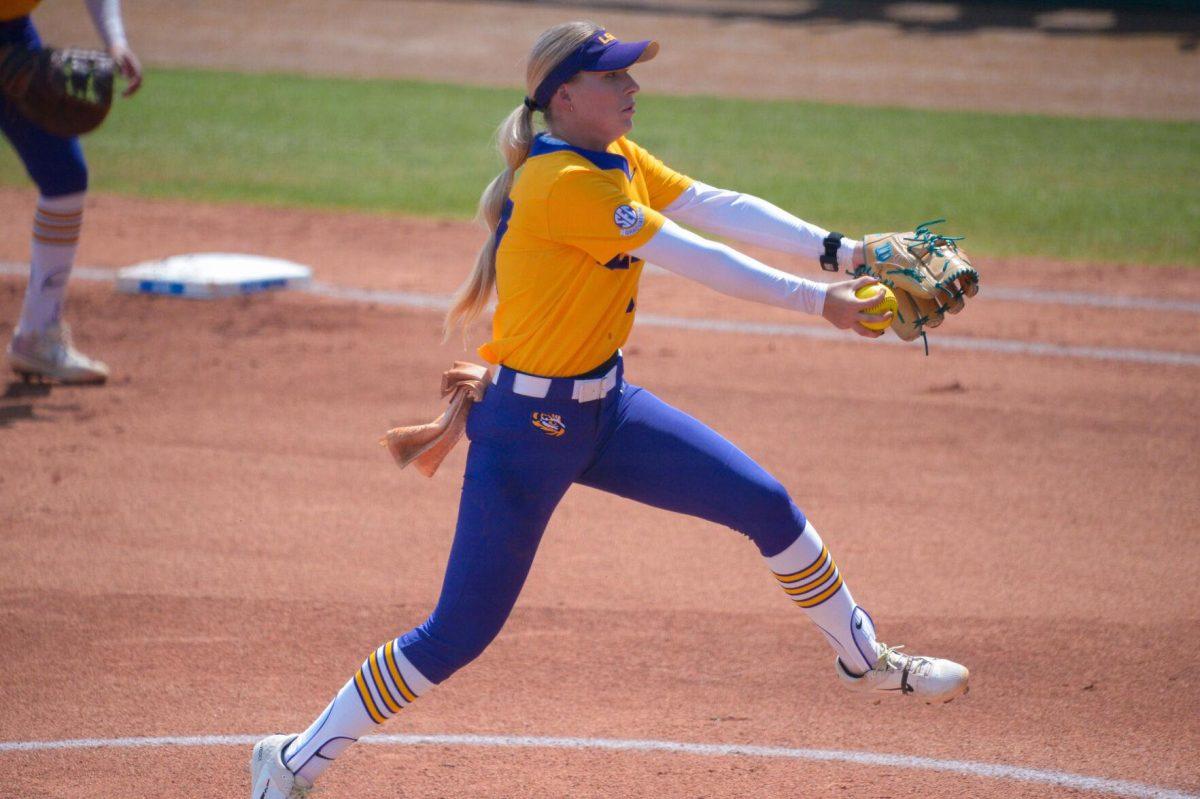 LSU softball graduate student utility Kelley Lynch (37) pitches the ball on Sunday, May 19, 2024,&#160;during LSU's&#160;9-0 win against Southern Illinois in the&#160;NCAA Regional Championship game at Tiger Park in Baton Rouge, La.