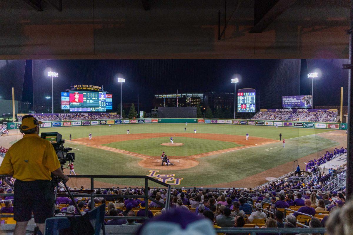 <p>The LSU baseball team plays on Skip Bertman Field on Friday, April 28, 2023, during LSU’s 8-6 win over Alabama at Alex Box Stadium in Baton Rouge, La.</p>