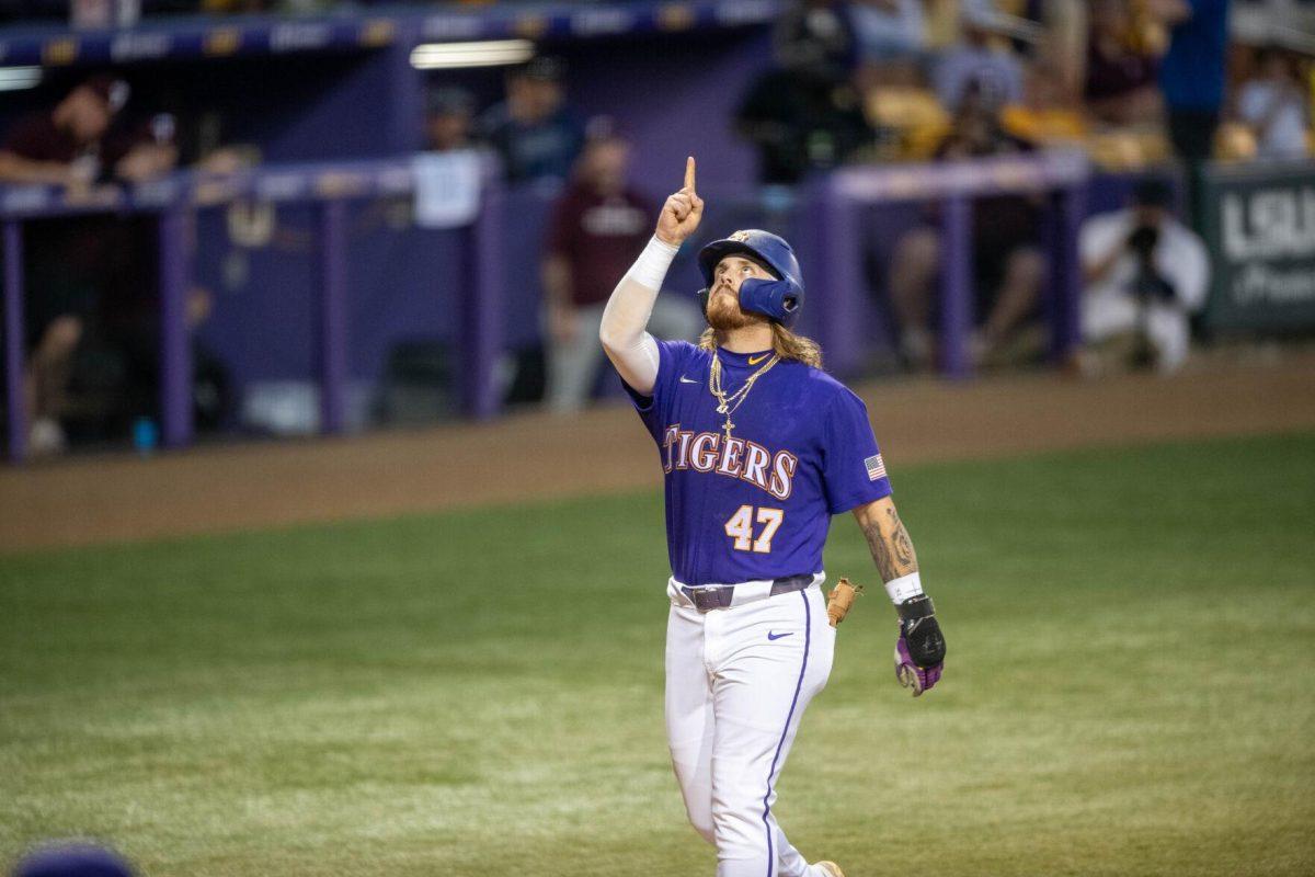 LSU baseball junior third baseman Tommy White (47) celebrates after hitting a homerun during LSU's 6-4 win on Saturday, May 4, 2024, at Alex Box Stadium in Baton Rouge, La.