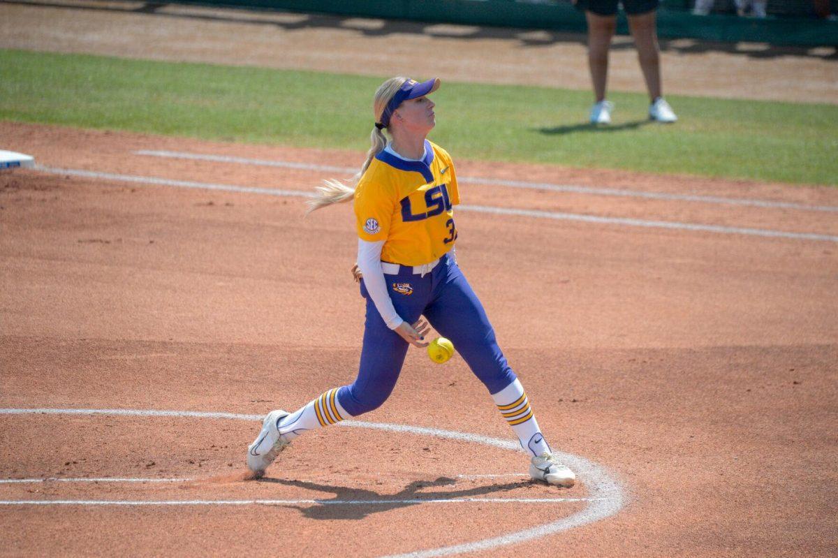 LSU softball graduate student utility Kelley Lynch (37) pitches the ball on Sunday, May 19, 2024, during LSU's 9-0 win against Southern Illinois in the&#160;NCAA Regional Championship game at Tiger Park in Baton Rouge, La.