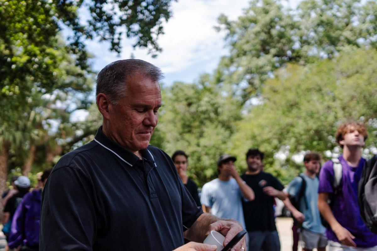 Louisiana State Senator Alan Seabaugh approaches the front of the protest Friday, May 3, 2024, in Free Speech Alley on LSU's campus in Baton Rouge, La.