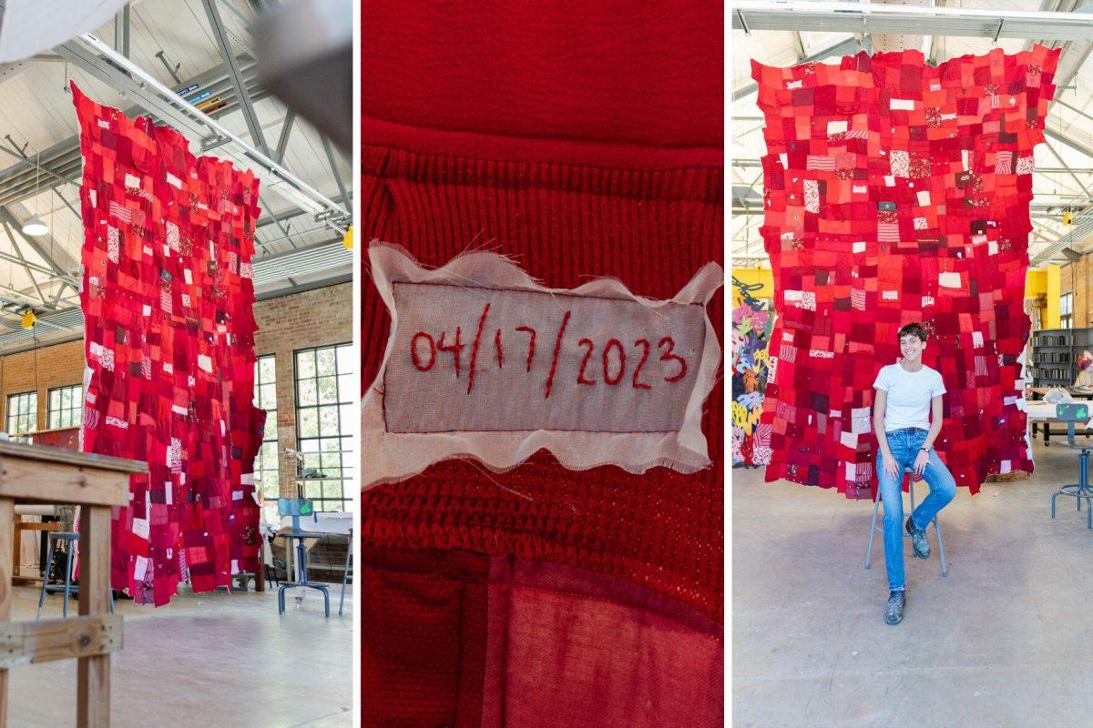 The entire quilt hangs above the ground (left), a date in numerals shows an informally resolved case (middle) and 5th-year sculpture major Adrianna Hawkins sits in front of the quilt (right).