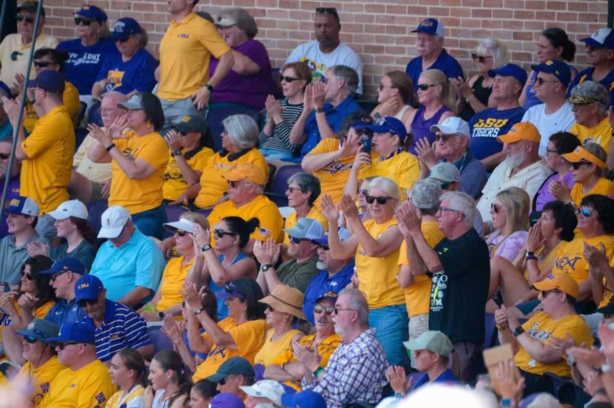 LSU fans celebrate on Sunday, May 19, 2024,&#160;during LSU's&#160;9-0 win against Southern Illinois in the&#160;NCAA Regional Championship game at Tiger Park in Baton Rouge, La.