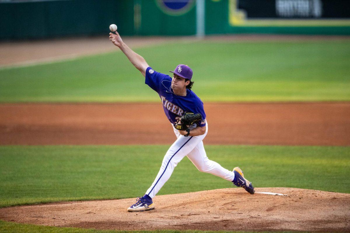 LSU baseball junior right-handed pitcher Luke Holman (38) pitches the ball during LSU's 6-4 win on Saturday, May 4, 2024, at Alex Box Stadium in Baton Rouge, La.