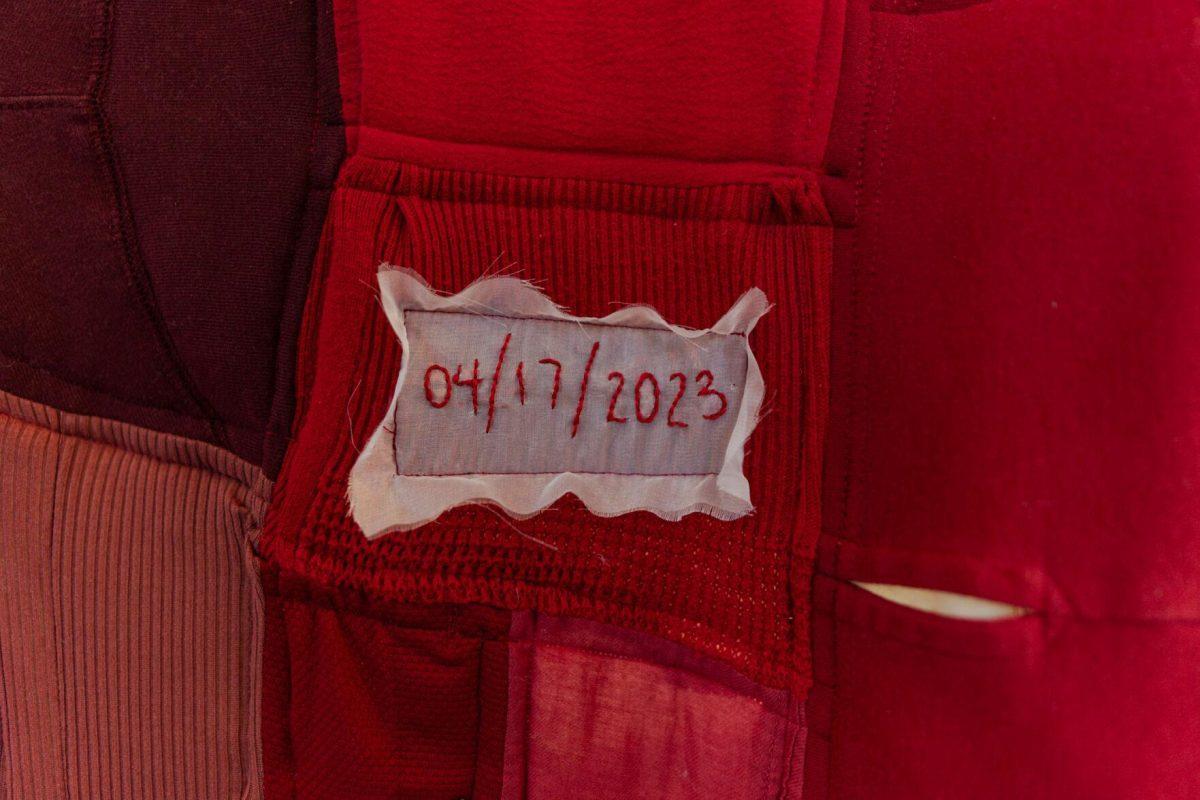 The numerals of the date "April 17, 2023" stitched in red thread represents an informally resolved case Wednesday, May 1, 2024, inside the Barnes Ogden Art &amp; Design Complex on LSU's campus in Baton Rouge, La.