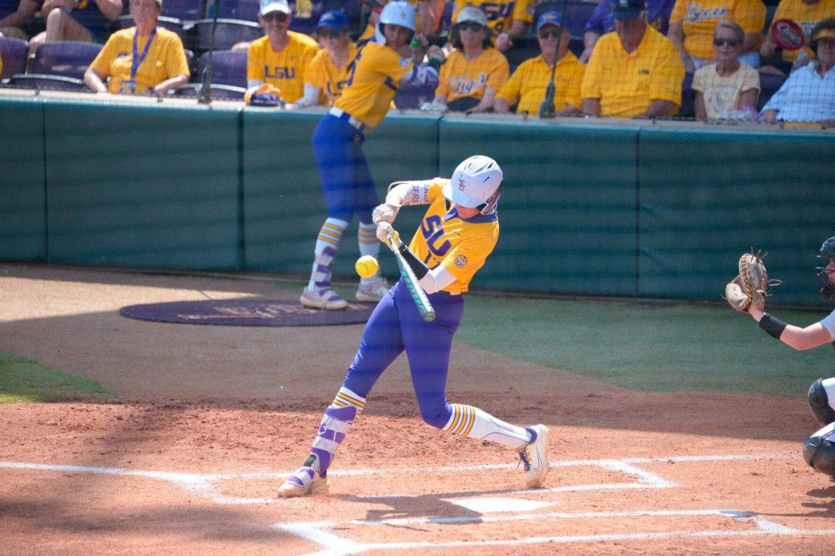 LSU softball graduate student infield Taylor Pleasants (17) hits the ball on Sunday, May 19, 2024,&#160;during LSU's&#160;9-0 win against Southern Illinois in the&#160;NCAA Regional Championship game at Tiger Park in Baton Rouge, La.