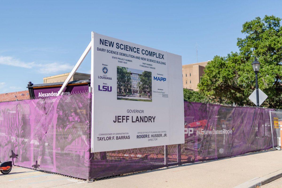 A sign indicates the construction site to be home to a new science complex Wednesday, May 15, 2024, on South Stadium Drive on LSU's campus in Baton Rouge, La.