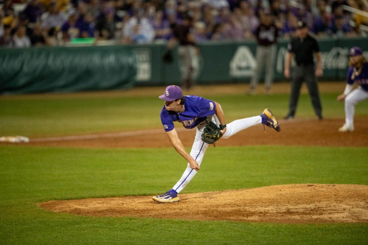 LSU baseball junior right-handed pitcher Luke Holman (38) pitches during LSU's 6-4 win on Saturday, May 4, 2024, at Alex Box Stadium in Baton Rouge, La.