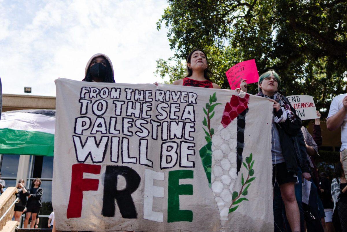 Pro-Palestinian protesters hold a banner and chant Friday, May 3, 2024, on the Student Union steps on LSU's campus in Baton Rouge, La.