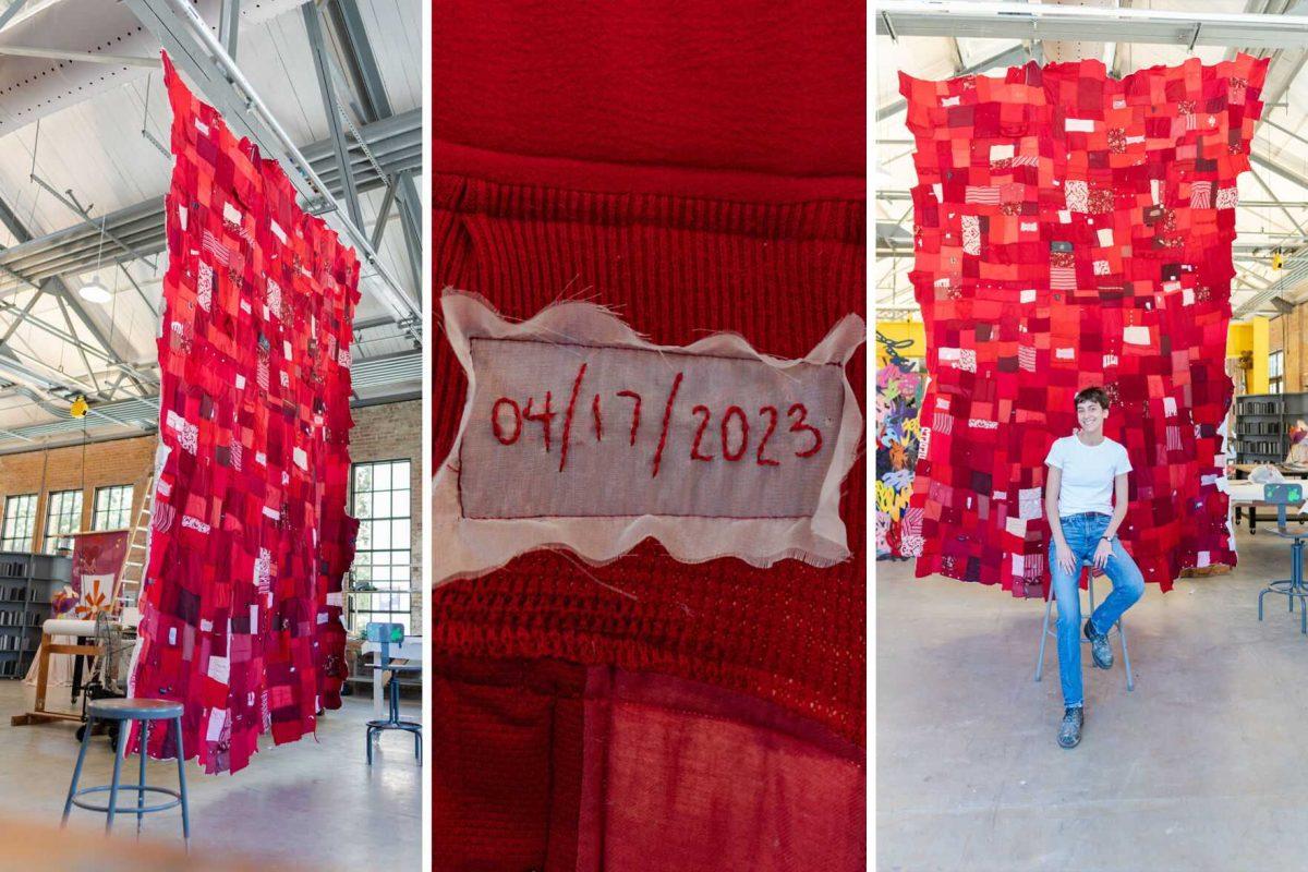 The entire quilt hangs above the ground (left), a date in numerals shows an informally resolved case (middle) and 5th-year sculpture major Adrianna Hawkins sits in front of the quilt (right).