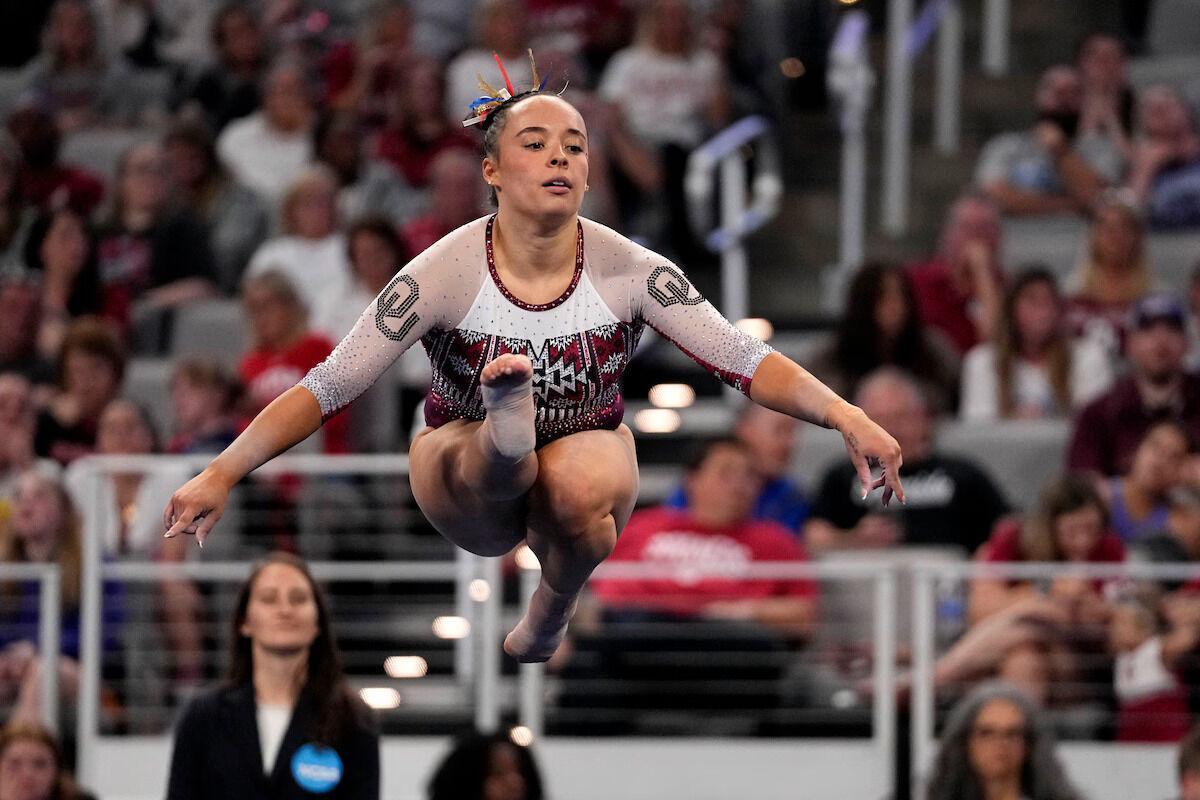 Oklahoma's Faith Torrez competes in the floor exercise&#160;during the NCAA women's gymnastics championships in Fort Worth, Texas, on Thursday, April 18, 2024. (AP Photo/Tony Gutierrez)