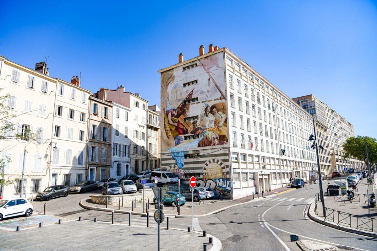 A fresco mural on the side of a building near the Vieux Port in Marseille, France on Monday, July 22, 2024.