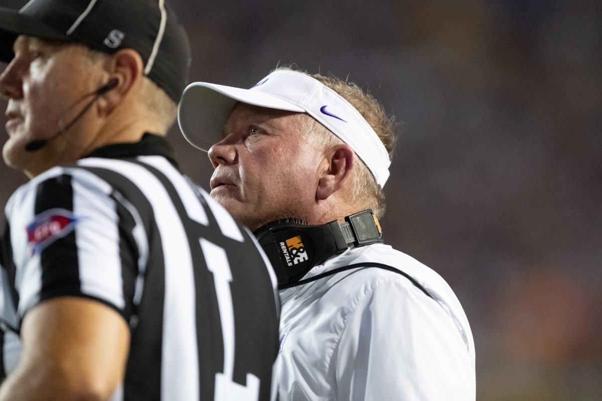 <p>LSU football head coach Brian Kelly talks to a referee Saturday, Sept. 23, 2023, during LSU's 34-31 win against Arkansas at Tiger Stadium in Baton Rouge, La.</p>