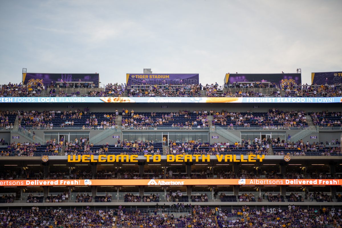 The words 'Welcome to Death Valley' line the stadium on Saturday, Oct. 21, 2023, during LSU's 62-0 win against Army at Tiger Stadium in Baton Rouge, La.