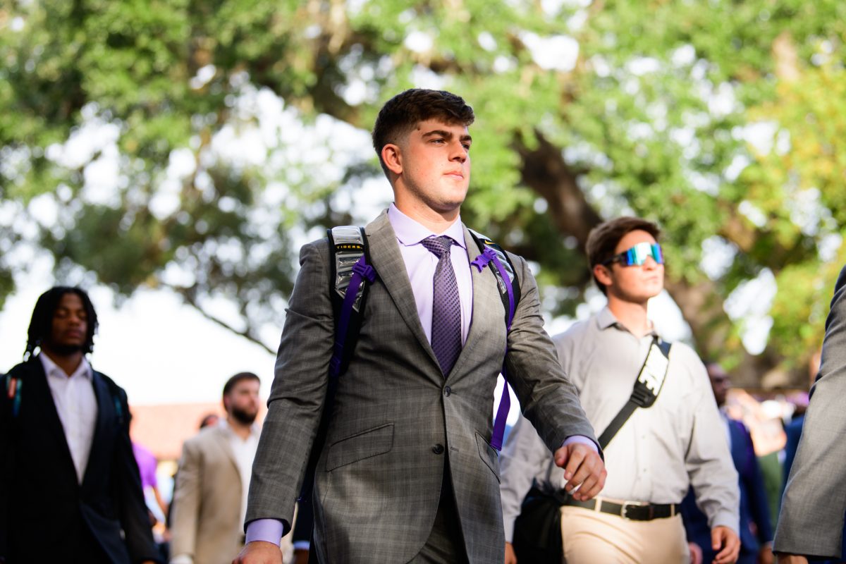 LSU football redshirt sophomore quarterback Garrett Nussmeier (13) walks down Victory Hill on Saturday, Oct. 21, 2023, before LSU's 62-0 victory against Army in Tiger Stadium in Baton Rouge, La.