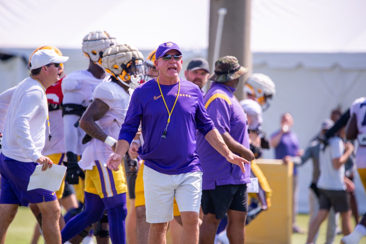 LSU football head coach Brian Kelly yells the next drill to players during the LSU Fall Camp practice on Saturday, Aug. 17, 2024, in Baton Rouge.