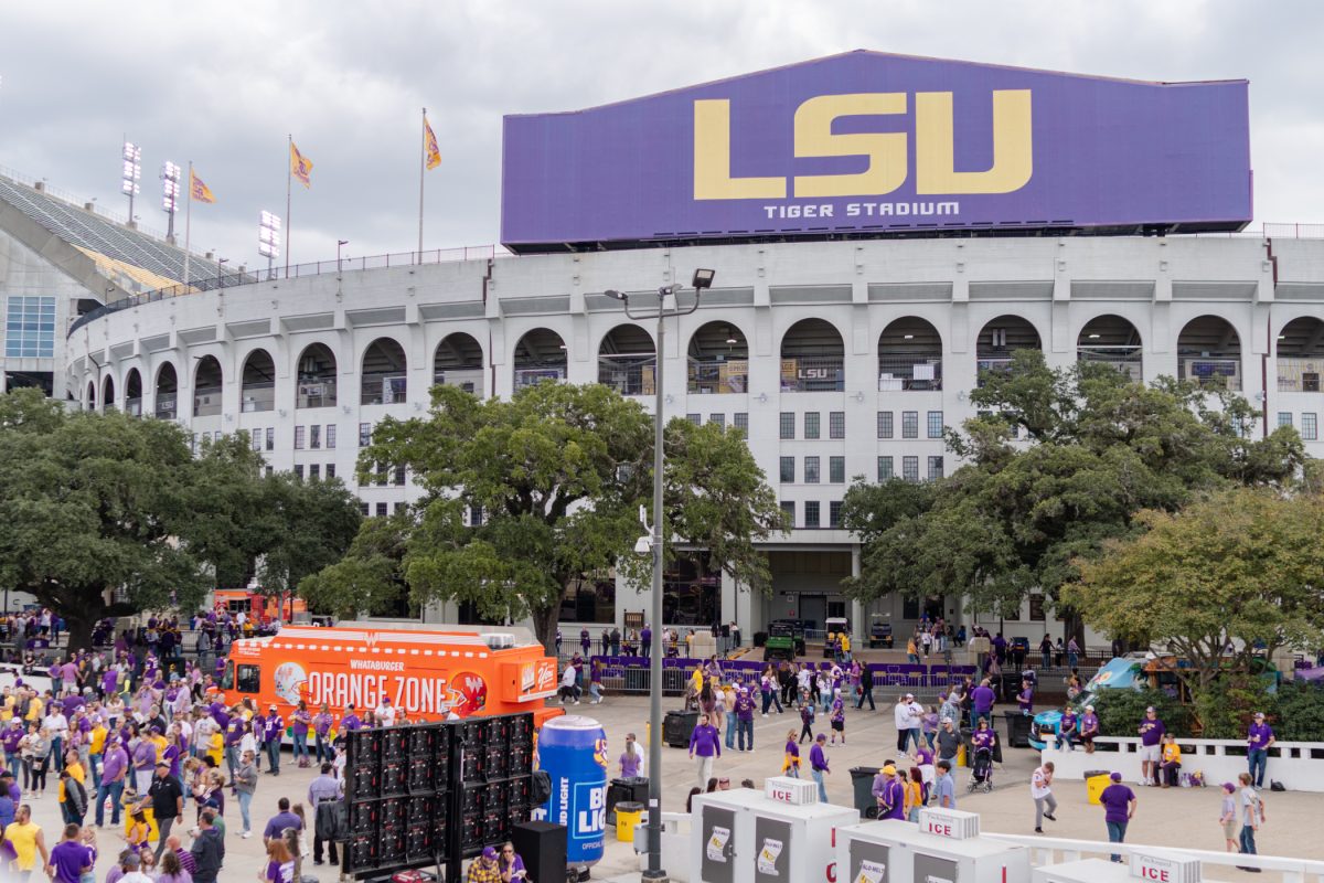 Tailgaters mingle outside of Tiger Stadium Saturday, Nov. 18, 2023, prior to an LSU football game in Baton Rouge, La.