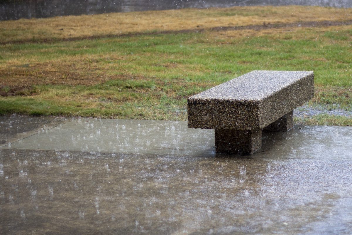 Rain droplets touch the ground around a bench Tuesday, Sept. 26, 2023, in the LSU Quad in Baton Rouge, La.