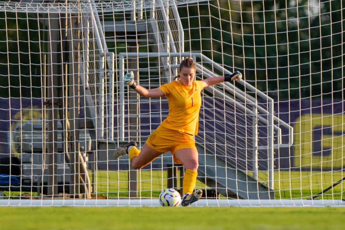 LSU soccer sophomore goalkeeper Audur Scheving (1) kicks the ball out of the goal Sunday, Sept. 8, 2024, during LSU's 3-1 win against ULL at the LSU Soccer Stadium in Baton Rouge, La.