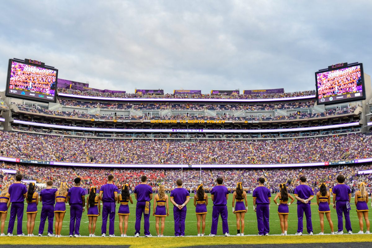 LSU cheerleaders line up on Saturday, Sept. 7, 2024, before LSU&#8217;s 44-21 win against Nicholls at Tiger Stadium in Baton Rouge, La.