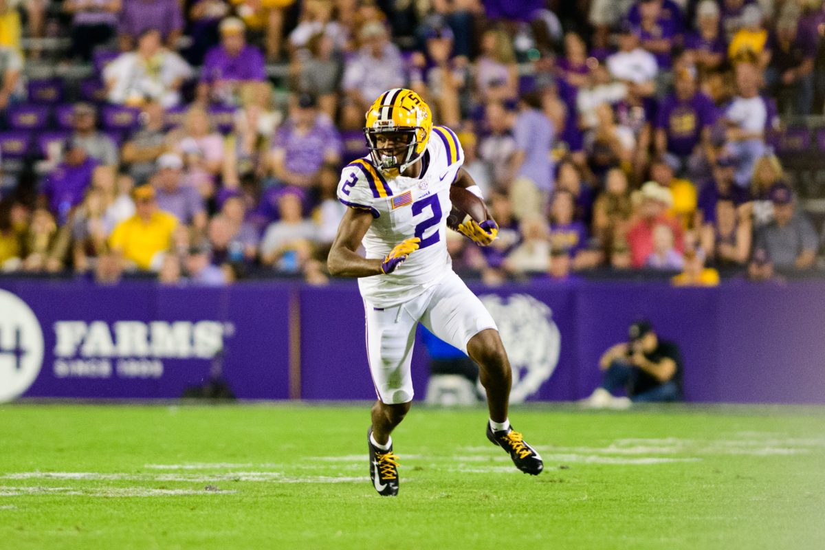 LSU football senior wide receiver Kyren Lacy (2) rushes down the field on Saturday, Oct. 21, 2023, during LSU's 62-0 victory against Army in Tiger Stadium in Baton Rouge, La.