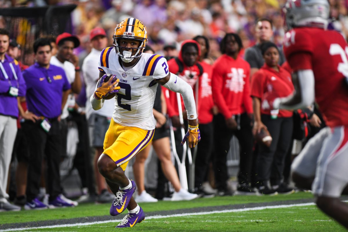 LSU football senior wide receiver Kyren Lacy (2) runs toward the endzone on Saturday, Sept. 7, 2024, during the game against Nicholls at Tiger Stadium in Baton Rouge, La.