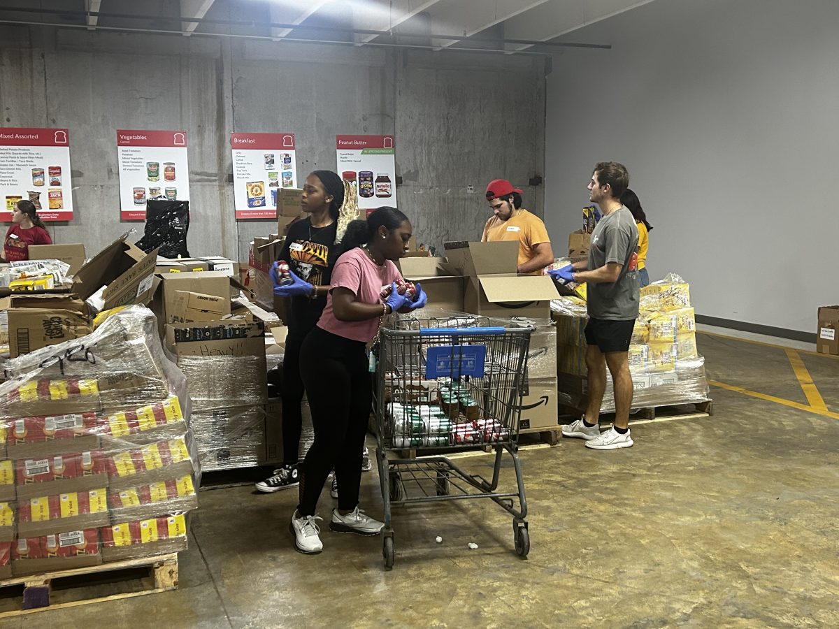 Student volunteers fill carts at the Greater Baton Rouge Food Bank's "College Night" on Sept. 17, 2024.