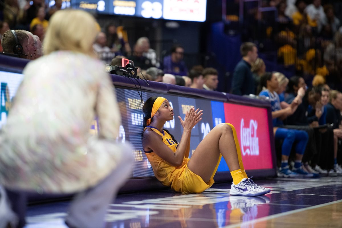 LSU women's basketball junior forward Angel Reese (10) waits to be put in Sunday, March 3, 2024, during LSU&#8217;s 77-56 win against Kentucky at the Pete Maravich Assembly Center in Baton Rouge, La.