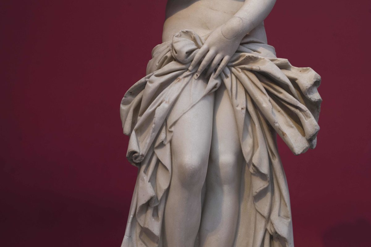 In this Wednesday, Oct. 5, 2016 photo, a partial view of a Parian marble statue of Aphroditi, godness of beauty, found in Baiai southern Italy is displayed at the National archaeological Museum of Athens. This statue version made in the second A.D. century of the type of the Syracuse Aphrodite the original of this goes back to the 4th B.C.